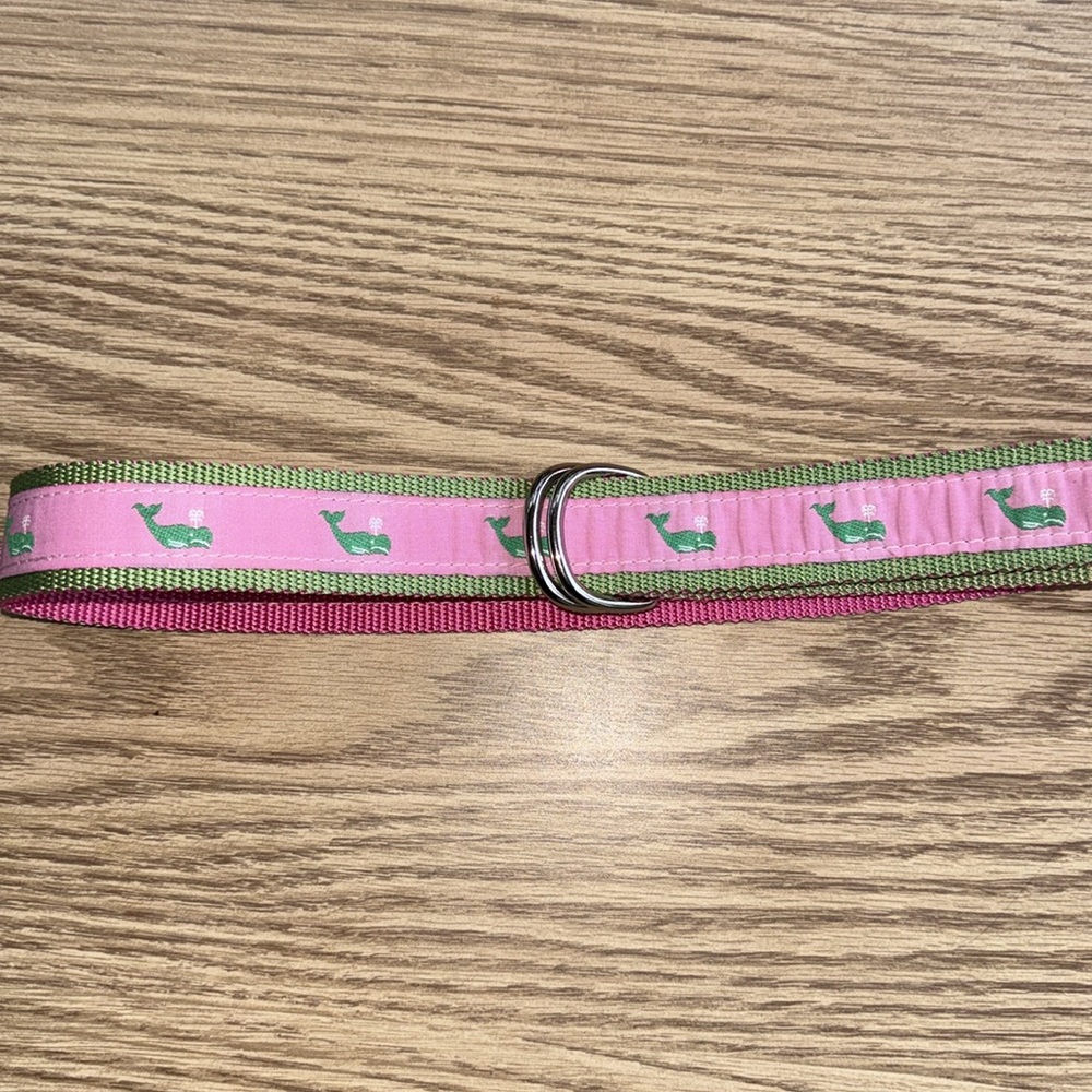 ELIZA B Preppy Pink Ribbon Belt Green Whales D Ring Belt Size M Embroidered